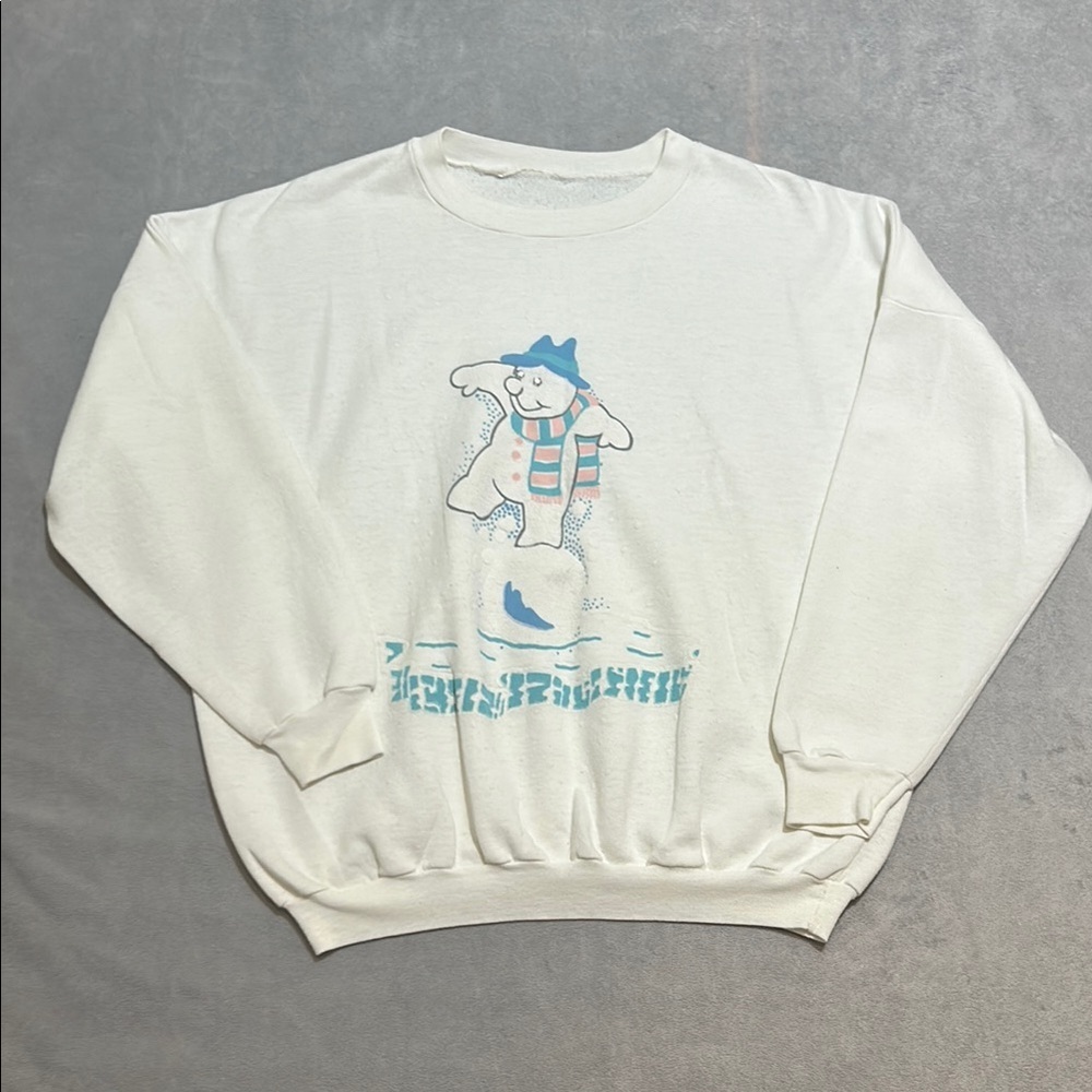 Vintage Winter Sweatshirt Snowman Design Beaded Eyes